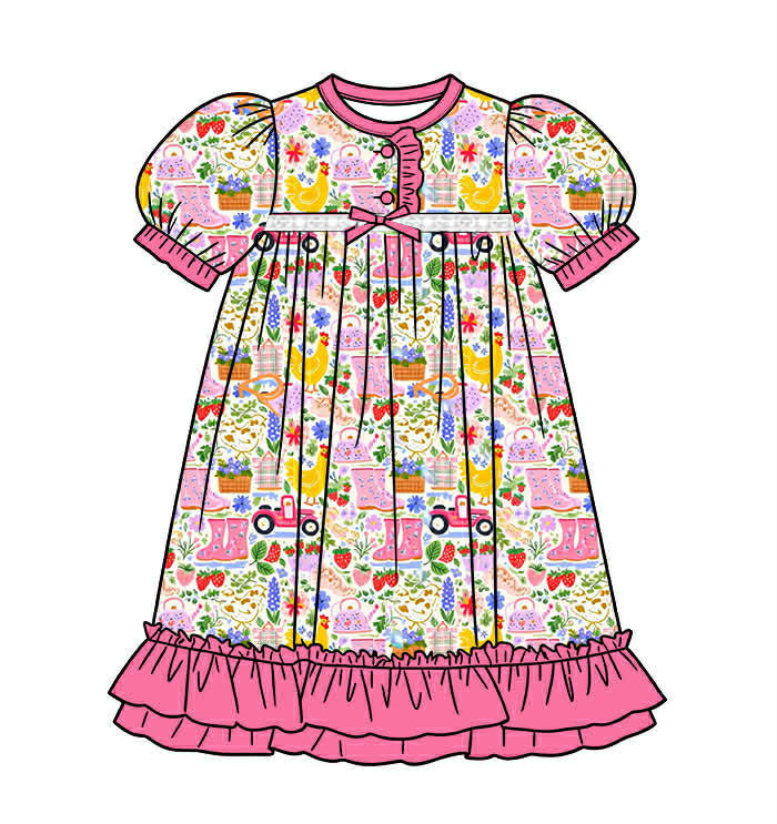 Toddler girls short-sleeve farm life nightgown illustration with pink ruffles and waist bow.