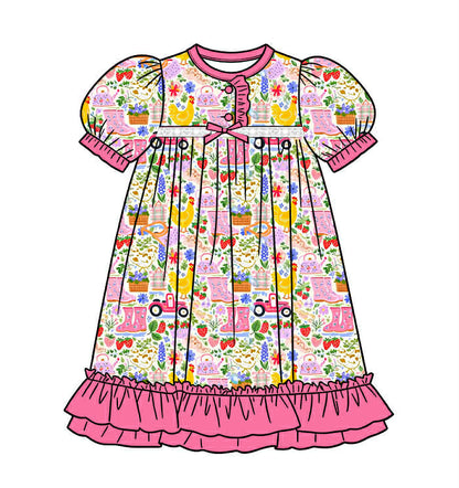 Toddler girls short-sleeve farm life nightgown illustration with pink ruffles and waist bow.