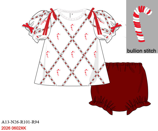 Girls Hand-Stitched Candy Cane Ribbon Top & Red Velvet Bloomer Set