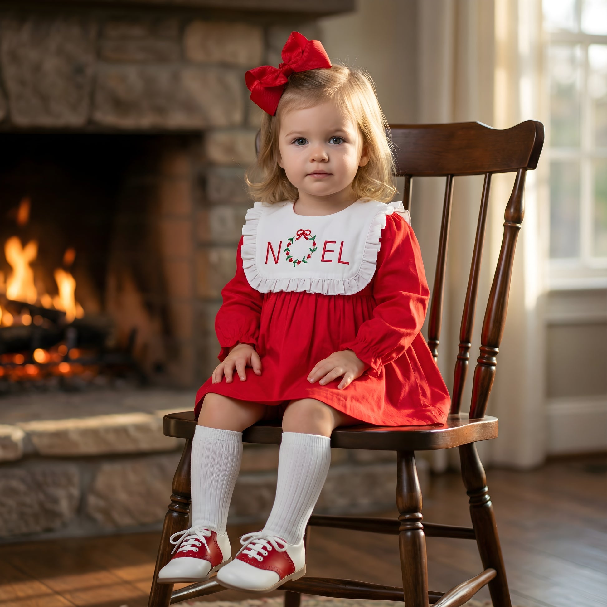 Toddler girl wearing a red NOEL embroidered dress and bloomer set, sitting on a chair by a fireplace. Perfect holiday outfit.