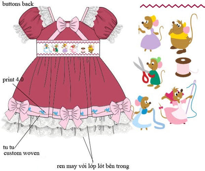 Girls pink cinderella  mice hand smocked dress. Smocked Peacock.