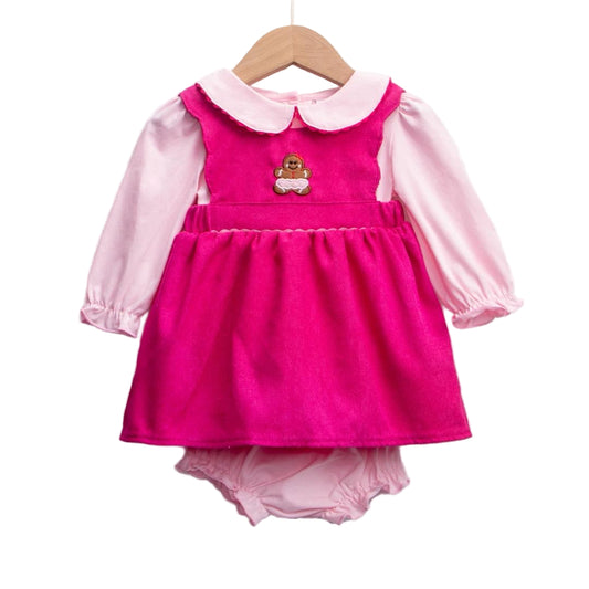 Girls pink corduroy applique gingerbread jumper, long sleeve top, and diaper cover set.