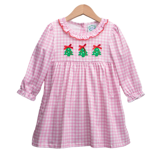 Girls pink gingham dress with smocked panel featuring a trio of embroidered Christmas trees and red bows, long sleeves.
