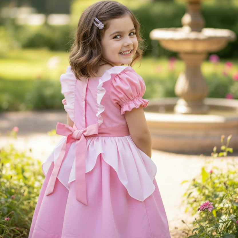Back view of a smiling girl wearing a pink princess dress, highlighting a tied waist bow and button-down ruffle back.