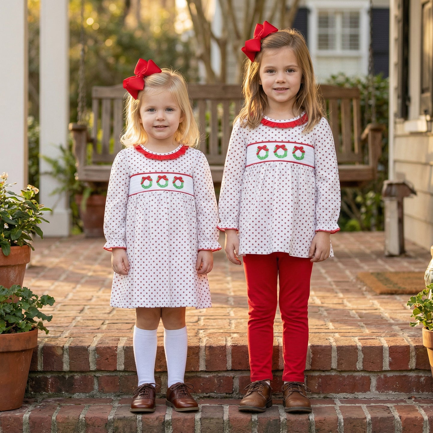 Siblings in matching white smocked Christmas wreath trio dress and tunic set. Perfect holiday outfits.
