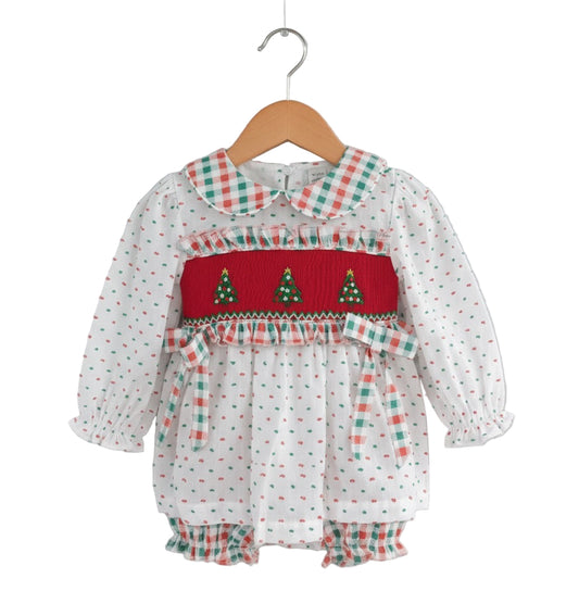 Girls white Swiss dot bloomer set with hand smocked Christmas trees, plaid collar, and matching bloomers.