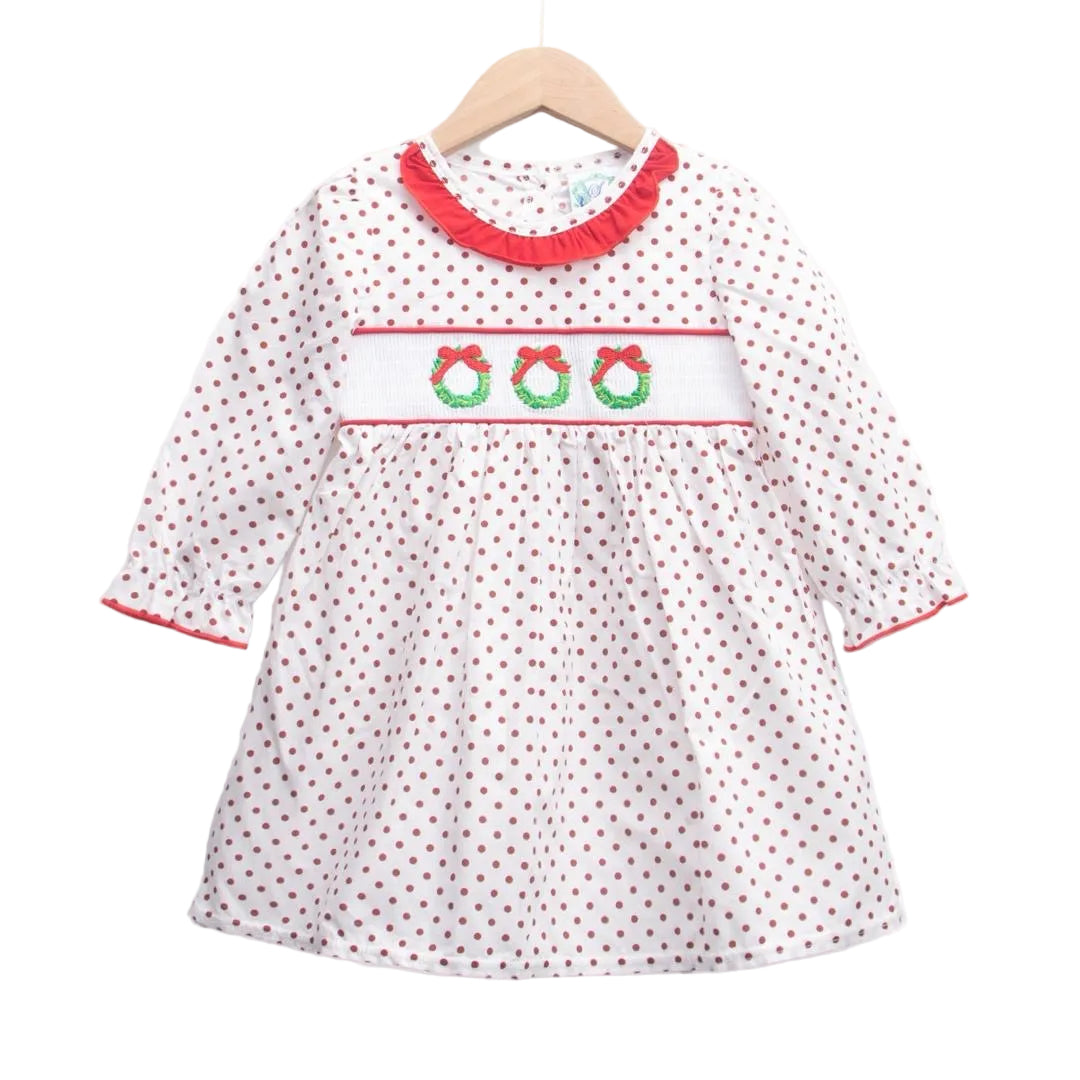 Girls Smocked Christmas Wreath Trio Dress