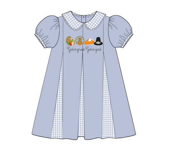 Girls blue Thanksgiving woven dress with hand-embroidered holiday motifs and 'God is Great God is Good' script.