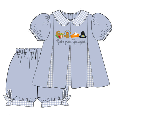 God is Great God is Good – Hand Embroidered Thanksgiving Girls Woven Set