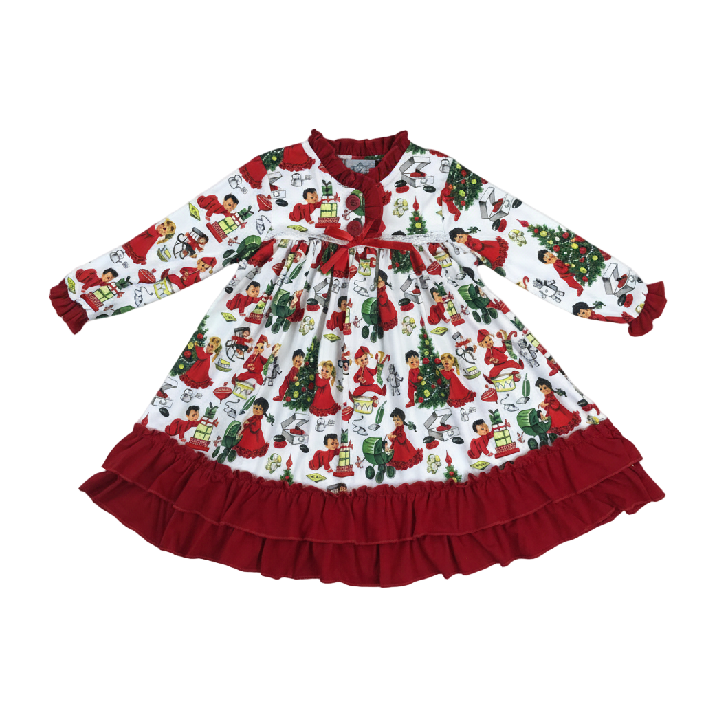 Girls long-sleeve nightgown with vintage Christmas toy print and red ruffle trim, laid flat.