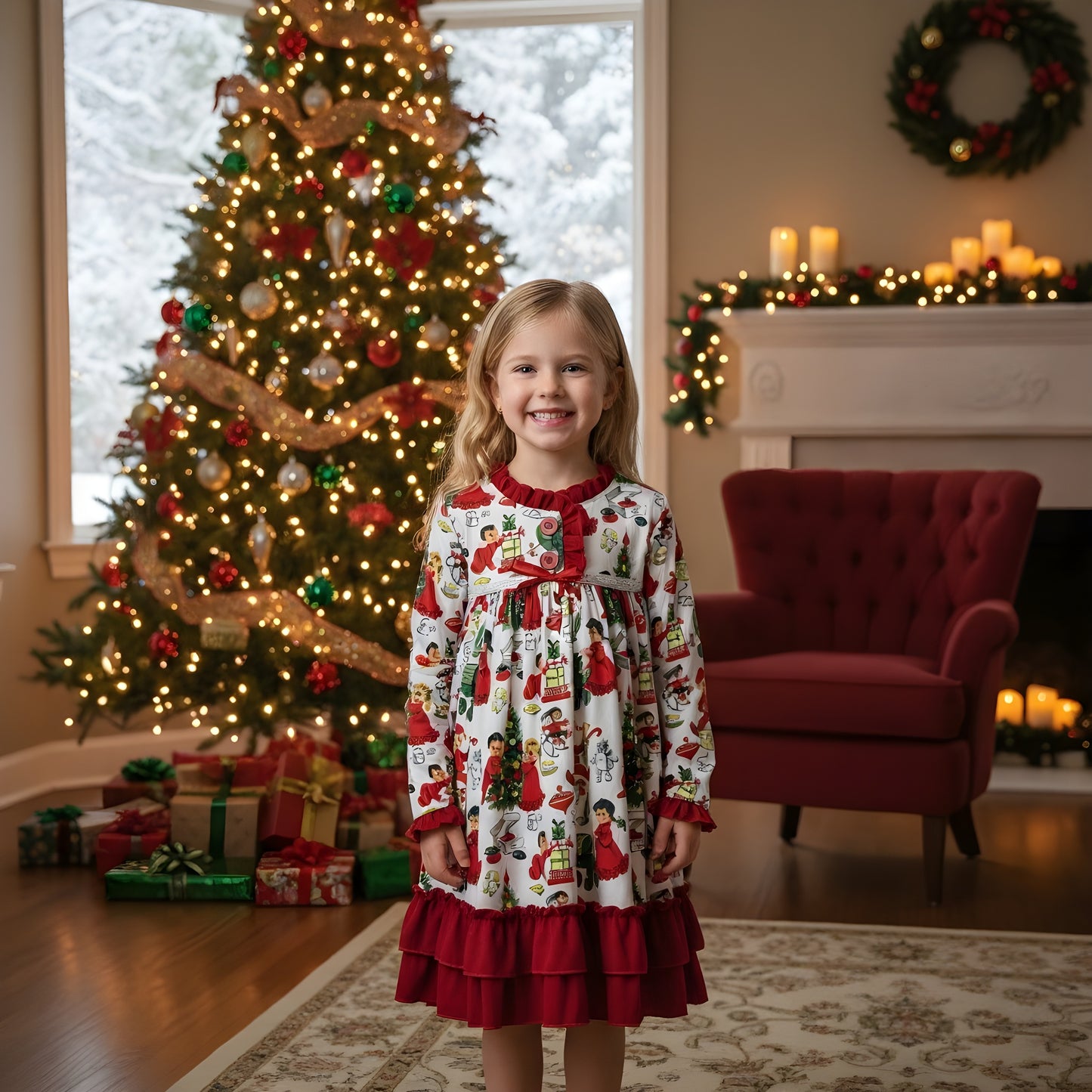 Smiling girl by a Christmas tree wearing a white nightgown with vintage holiday toys and red ruffle trim.