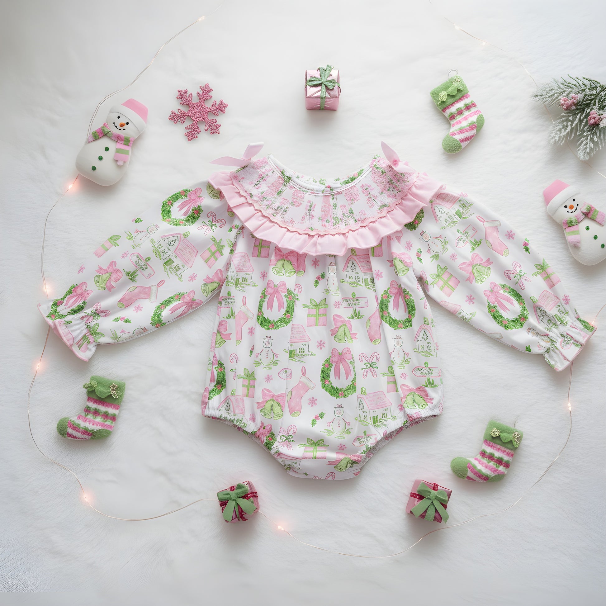 Flat lay of girls watercolor smocked Christmas bubble romper with pink garland print and festive holiday decor.