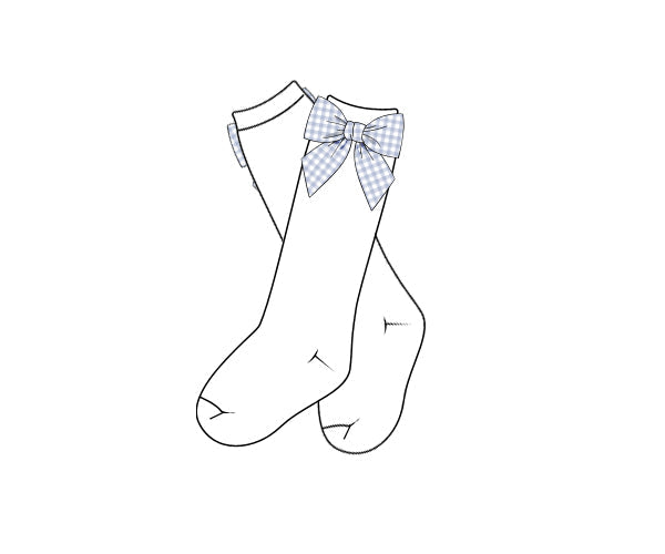 White girls cotton knee-high socks featuring a light blue gingham fabric bow attached to the side cuff.