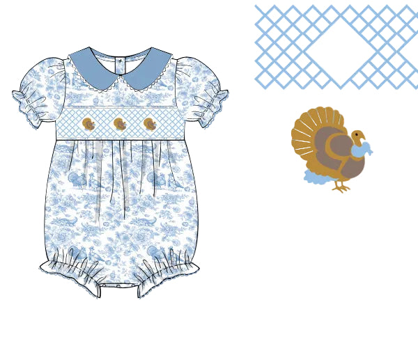 Grandmillennial blue toile turkey hand smocked woven girl bubble romper for Thanksgiving.