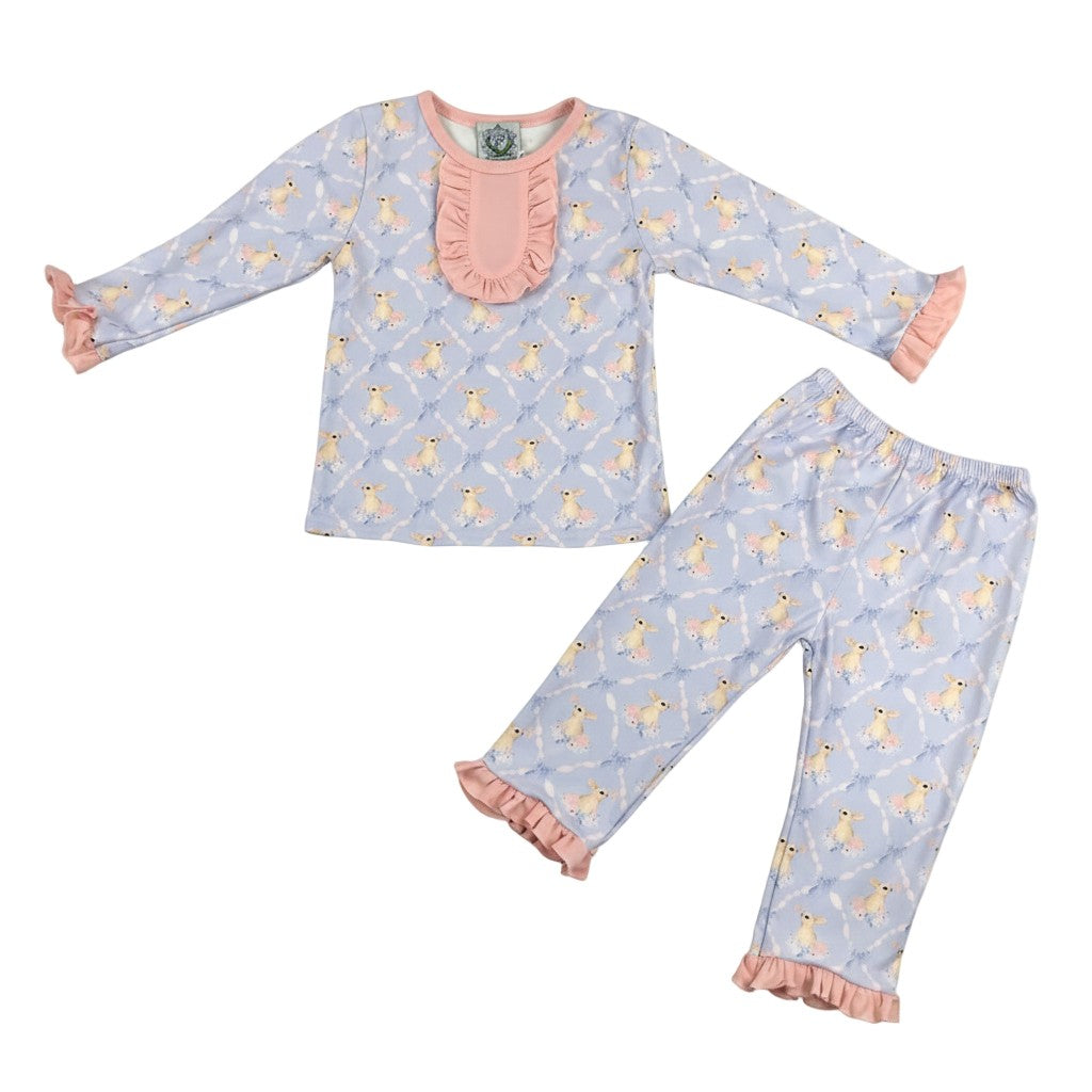 Two-piece Grandmillennial Easter Bunny girl pajama set with pink ruffle trim on a clean white background.
