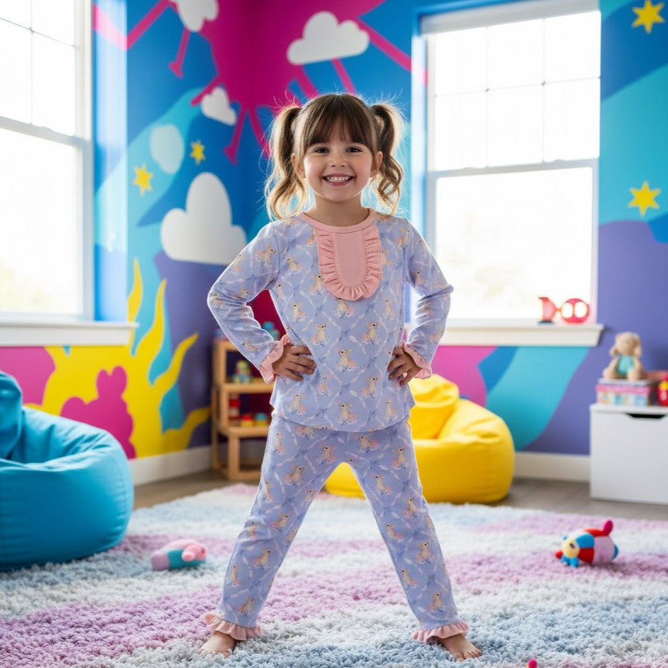 Smiling girl standing in front view wearing blue Grandmillennial Easter Bunny pajama set in a bedroom scene.