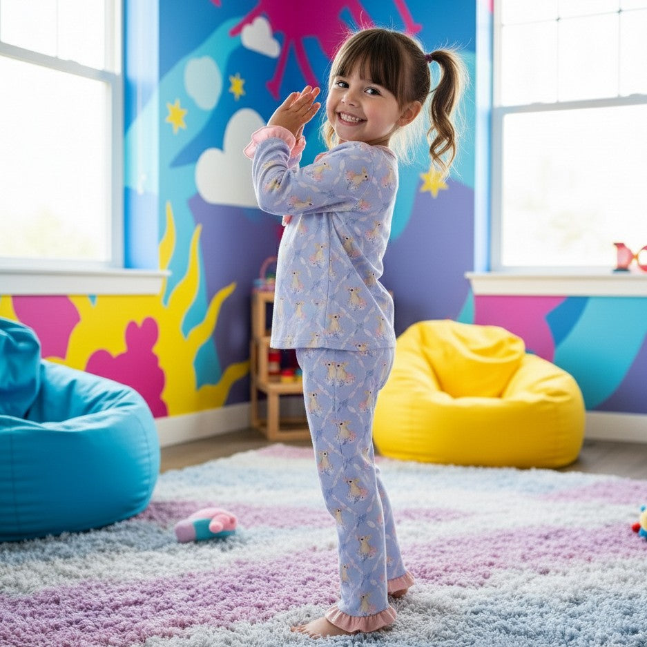 Little girl side view wearing blue Grandmillennial Easter Bunny girl pajama set with pink ruffle sleeve cuffs.