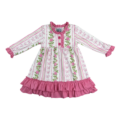 Flat lay product view of grandmillennial floral pink hearts girl nightgown with detailed vintage pink ruffle trimming.