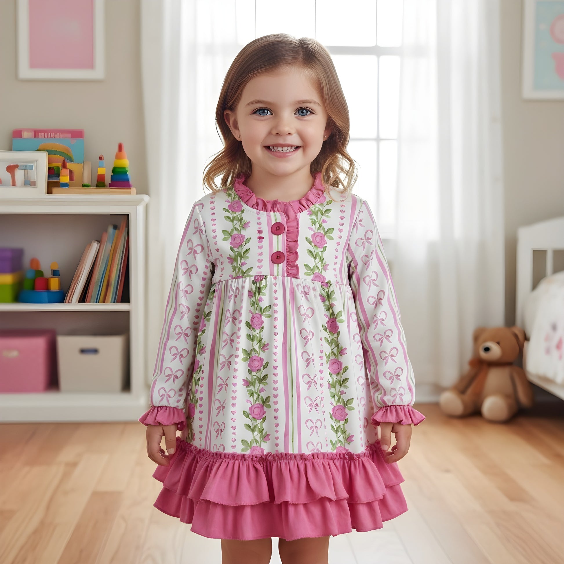 Smiling toddler girl standing in grandmillennial floral pink hearts nightgown with sweet ruffle hem and sleeve details.