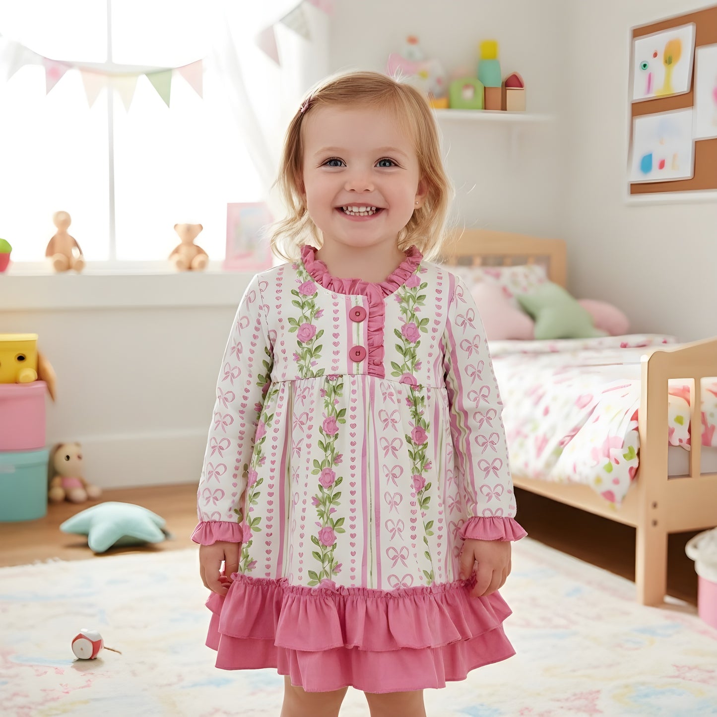 Toddler wearing the grandmillennial floral pink hearts girl nightgown with ruffles smiling in her bedroom setting.