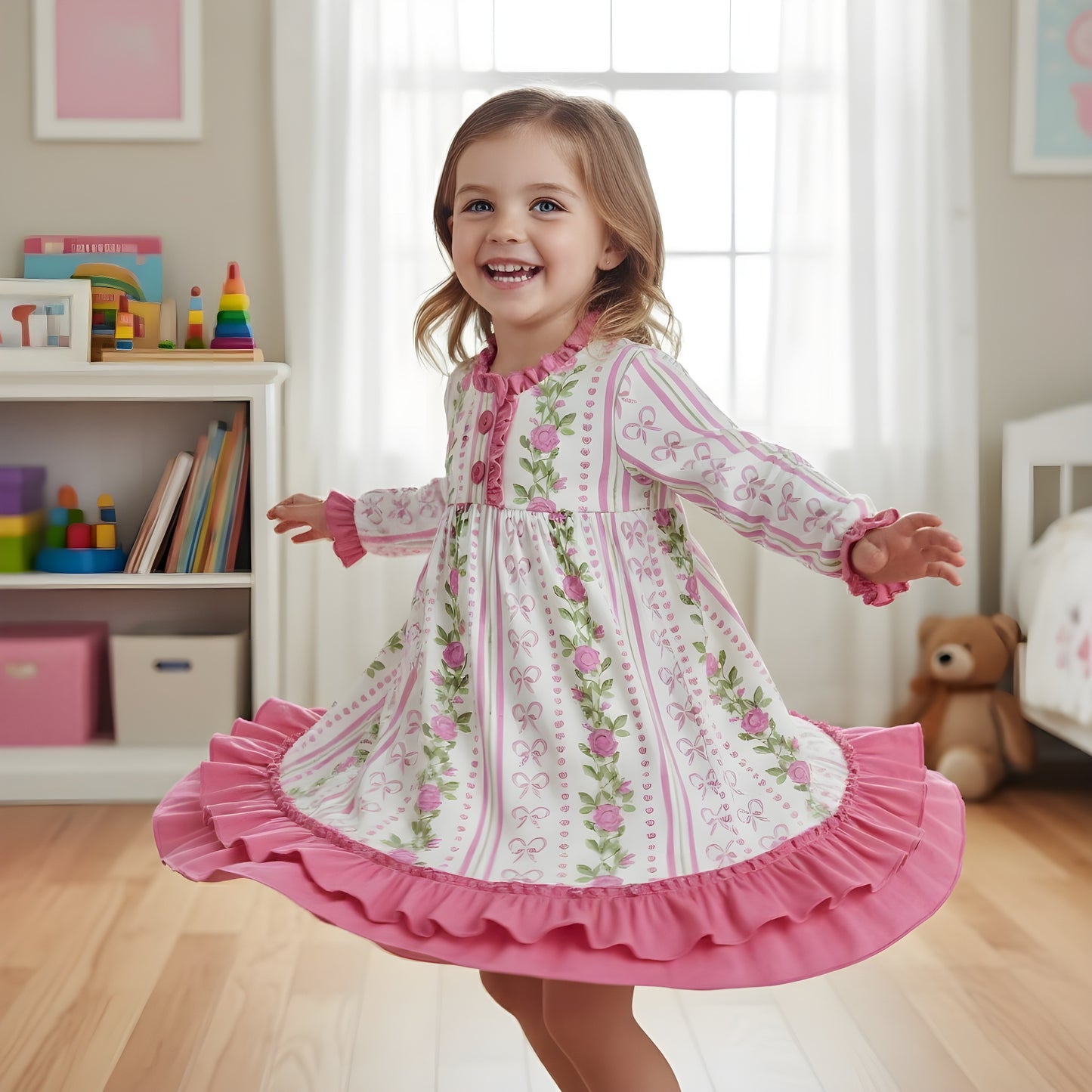 Little girl twirling in a grandmillennial floral pink hearts nightgown with vintage-inspired ruffle sleepwear detail.