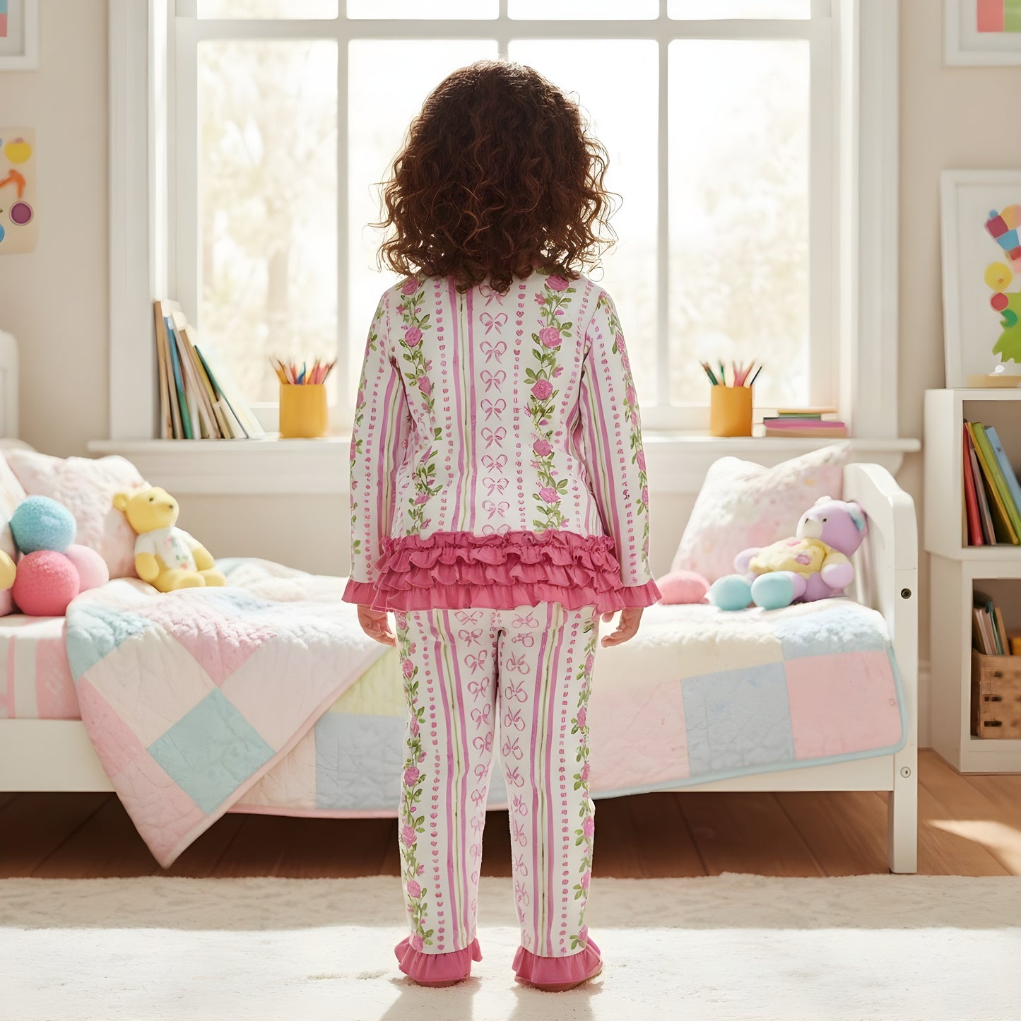 Back view of a girl wearing grandmillennial floral pink hearts pajamas featuring ruffled waist hem and leg cuffs.