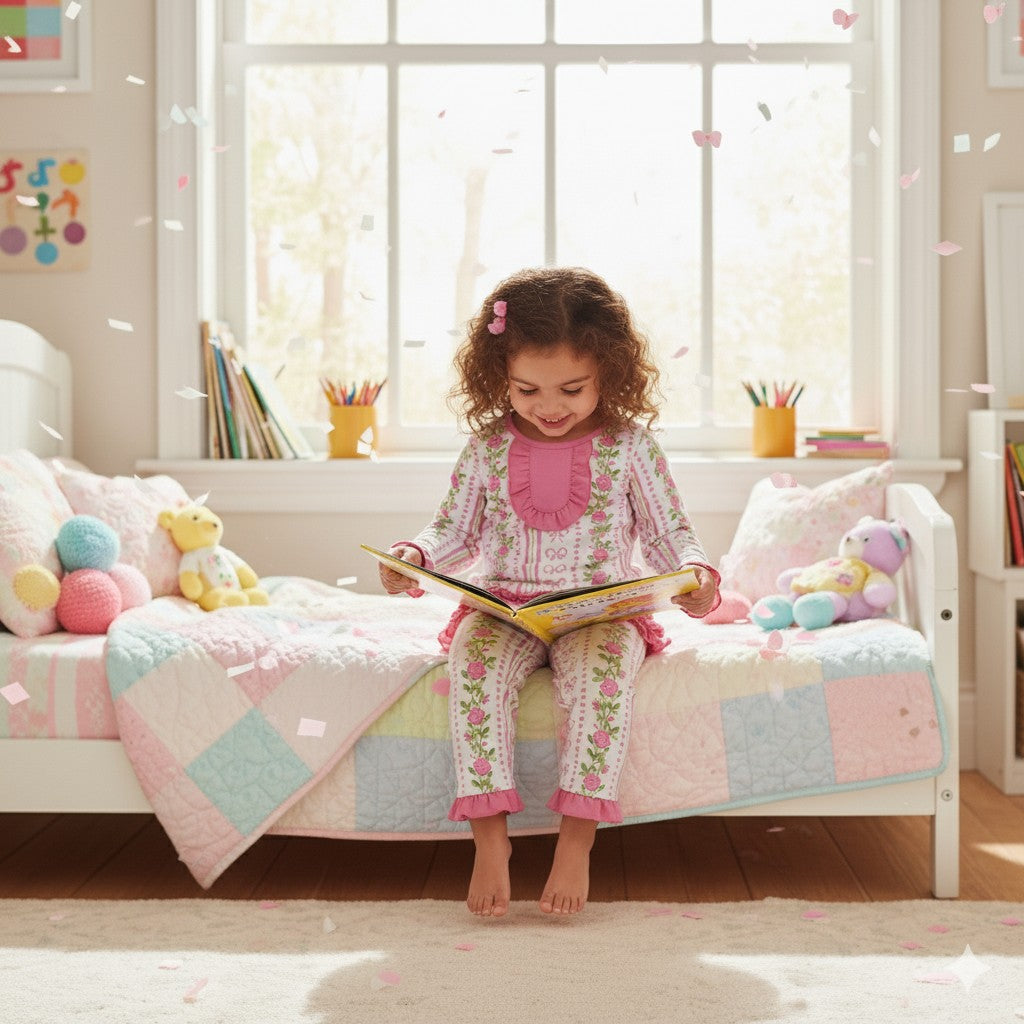Young girl sitting on bed reading a book in grandmillennial floral pink hearts pajamas for cozy boutique sleepwear.