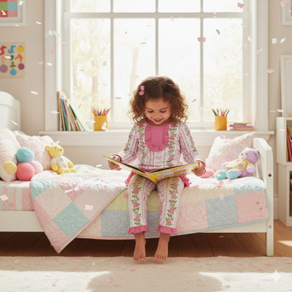 Young girl sitting on bed reading a book in grandmillennial floral pink hearts pajamas for cozy boutique sleepwear.