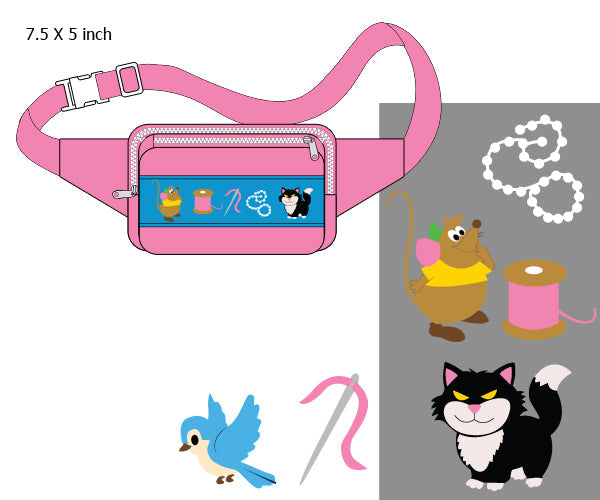 Pink kids fanny pack with hand-smocked Cinderella mouse, cat Lucifer, thread, and needle embroidery design.