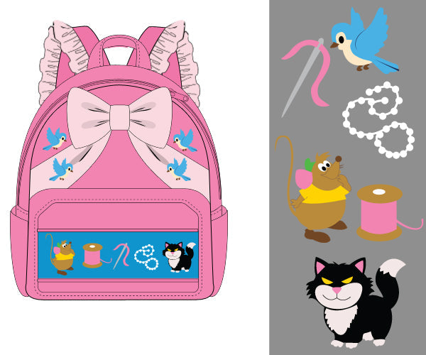 Pink hand smocked Cinderella seamstress friends full size backpack with ruffles, bow, mouse, and cat graphics.