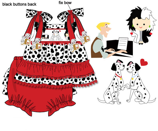 Hand-smocked girls dalmatian print ruffle top and red bloomers set with classic cartoon character design.