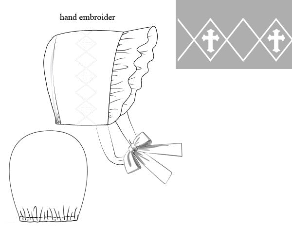White hand-smocked heirloom girls holy baptism bonnet with ruffled trim and diamond cross embroidery details.
