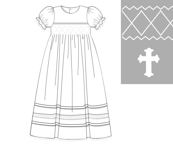 White hand-smocked heirloom girls holy baptism gown with puff sleeves and geometric smocking with embroidered cross details.