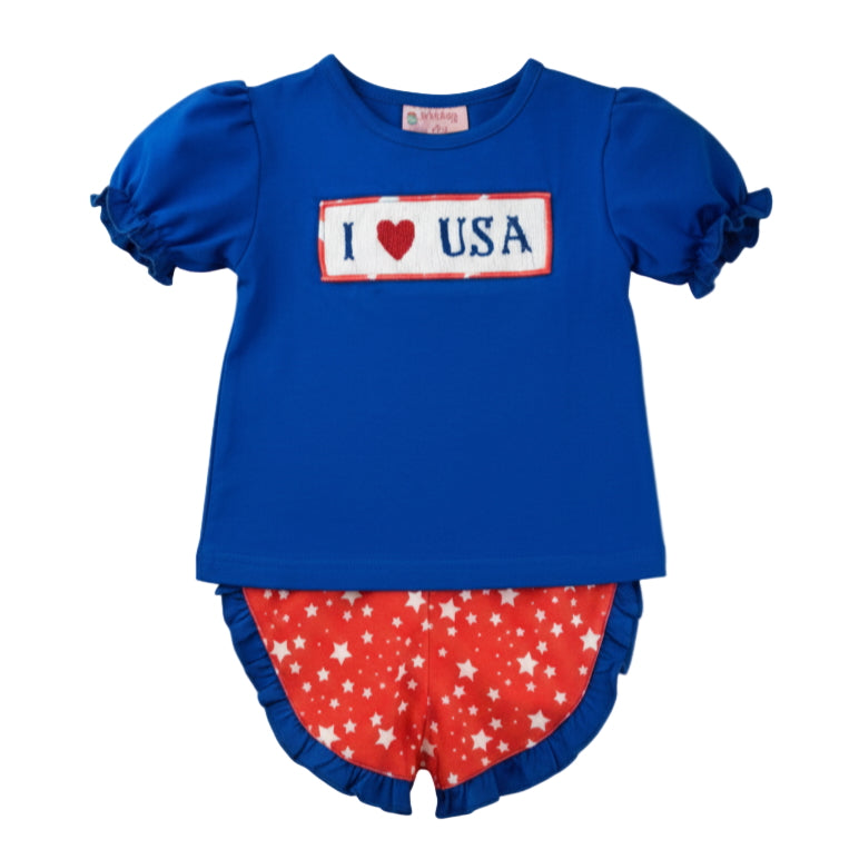Hand smocked I ❤️ USA panel on blue puff sleeve top with red and white star ruffle bloomers.