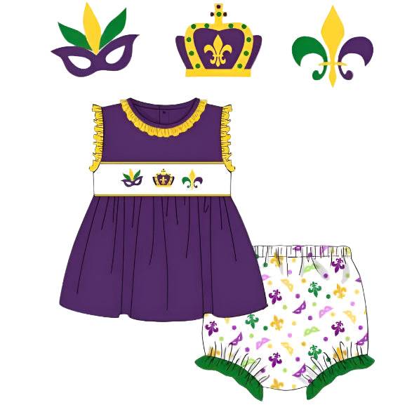 Girls hand-smocked Mardi Gras bloomer set featuring a purple top and pattern shorts with green ruffle trim.