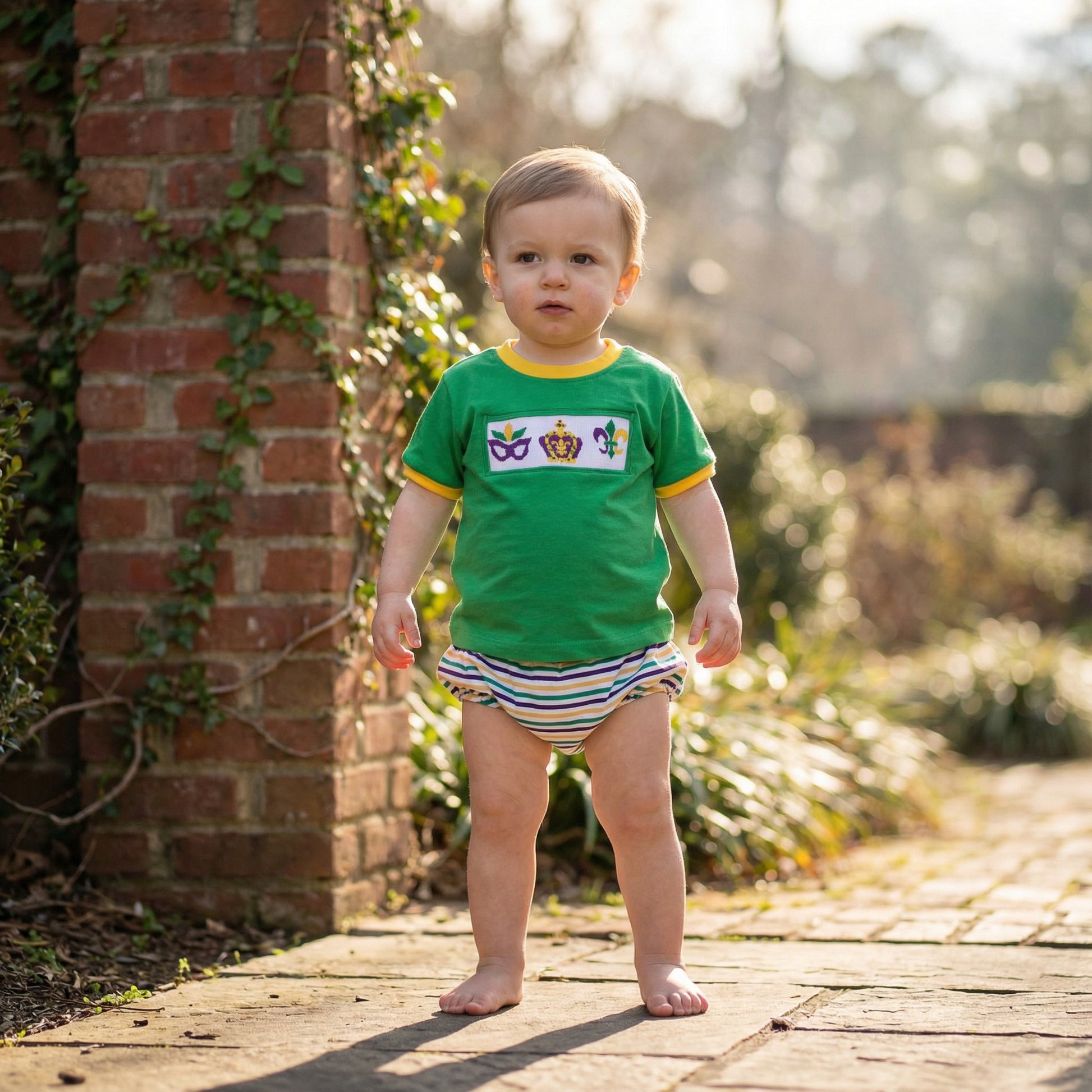 Toddler boy wearing green hand smocked Mardi Gras shirt with matching striped bloomers standing outdoors.