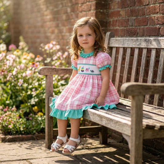 Little girl in the pink gingham Hand Smocked Noah’s Ark dress with turquoise trim, sitting on a wooden garden bench.