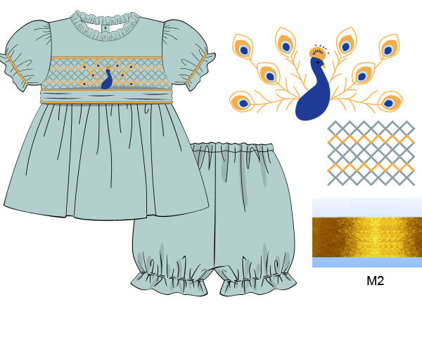 Children's outfit with peacock hand embroidery design and gold thread on a white background