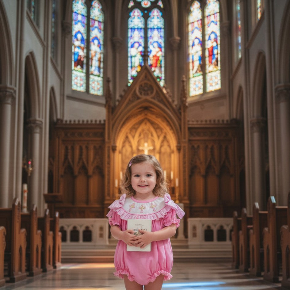 Little girl wearing a hand smocked pink crosses bubble romper holding a book inside a church for baptism or Easter.