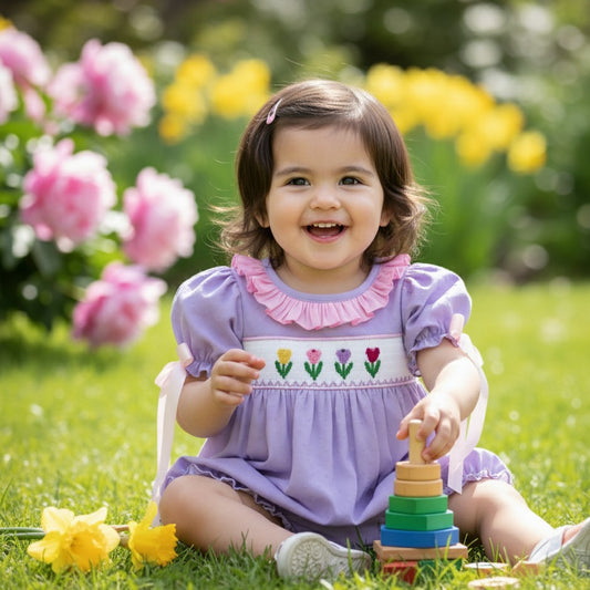 Baby sitting in garden playing with stacker toy in a hand smocked purple swiss dot tulip bubble outfit