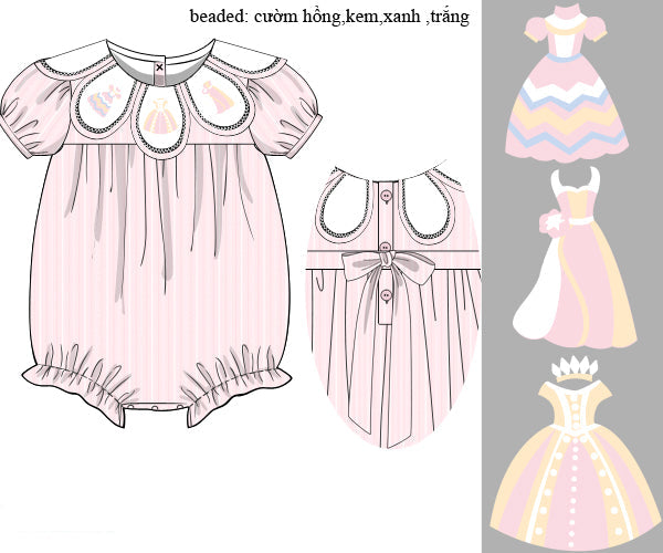 Illustrations of baby romper and dresses with decorative elements on a white background.