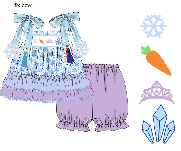 Hand-smocked ice princess girls bloomer set with snowflake print, blue bow straps, and purple ruffle bloomers.