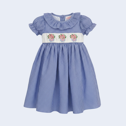 SPRING FLORAL VASE CHINOISERIE BOW EMBROIDERED SEERSUCKER DRESS