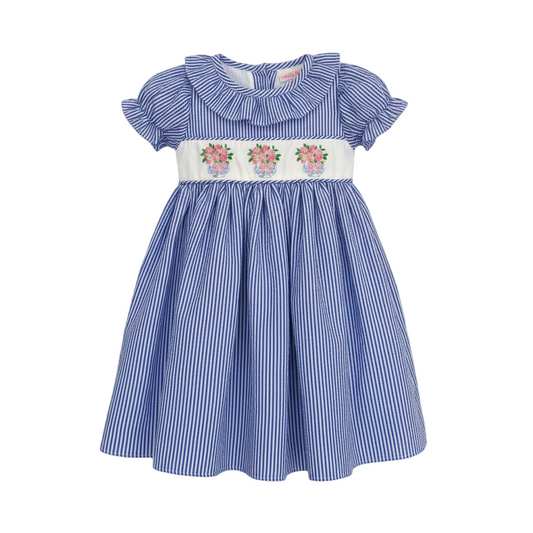 Spring Floral Vase Chinoiserie Bow Embroidered Seersucker Dress