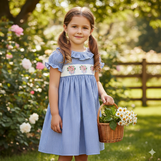 SPRING FLORAL VASE CHINOISERIE BOW EMBROIDERED SEERSUCKER DRESS