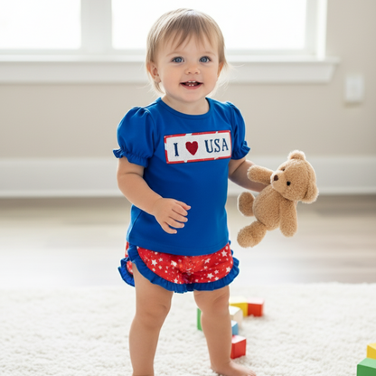 PATRIOTIC HAND SMOCKED - I ❤️ USA - GIRLS SHORTS SET