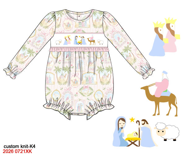 Girls Pink Nativity Hand-Smocked Long Sleeve Bubble Romper