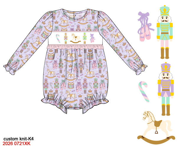 Girls Smocked Nutcracker Long Sleeve Bubble Romper - Lavender Knit