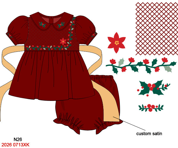 Poinsettia & Holly Hand Smocked Christmas Bloomer Set Gold Satin Sash
