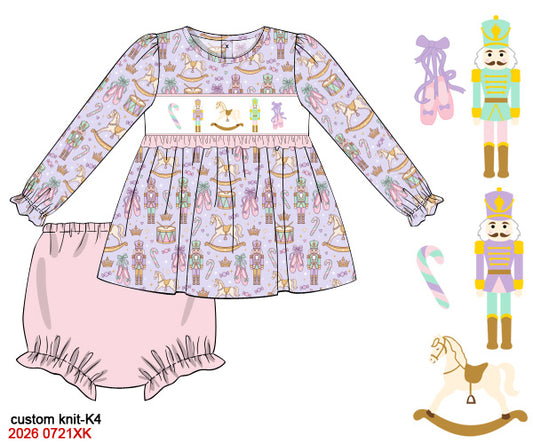 Girls Hand Smocked Nutcracker Long Sleeve Set - Lavender Knit